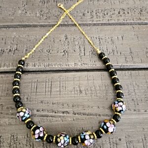 Black floral Venetian glass bead necklace
